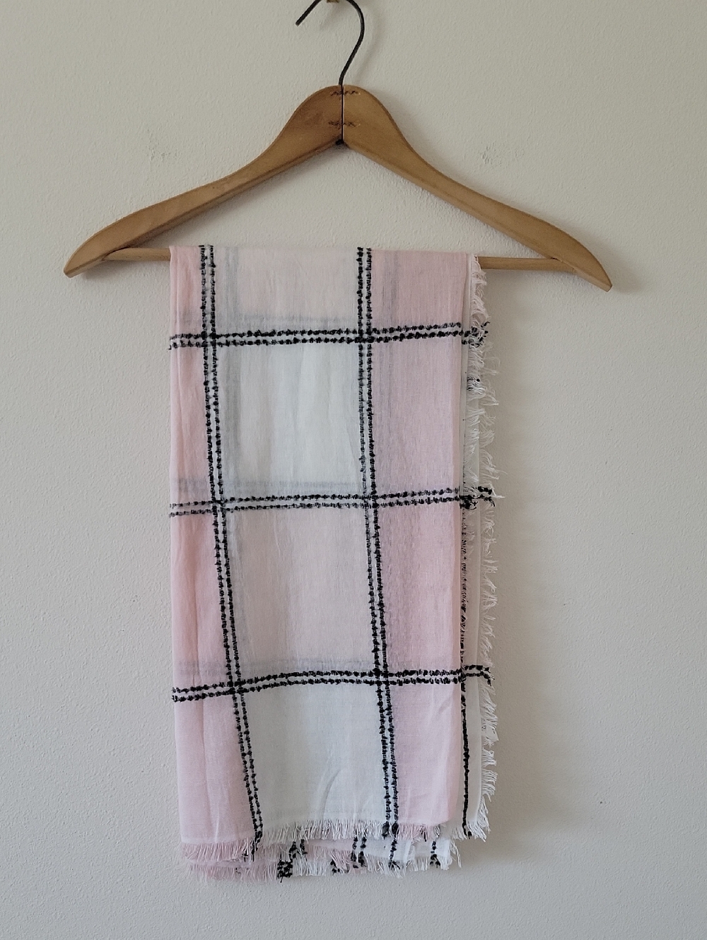 J Jill Pink White Plaid Square Scarf Eyelash Fringe 40" x 40"